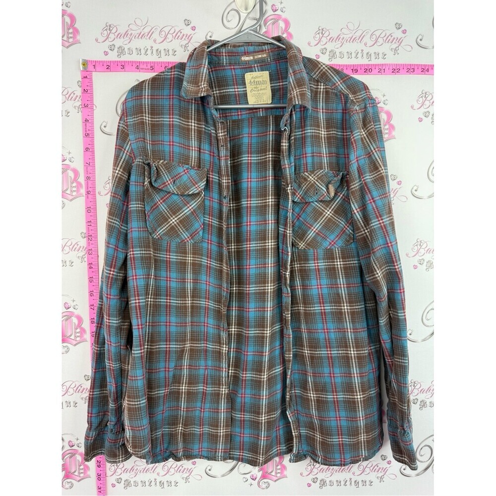 Shirt button up collared Mens Plaid Flannel Shirt - Brown & Blue red 44mm